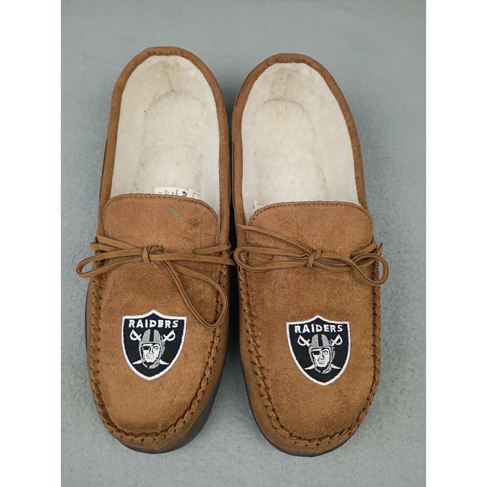 FOCO Las Vegas Raiders Mens Moccasin Slippers Tan Faux Suede Size L 11-12 NFL